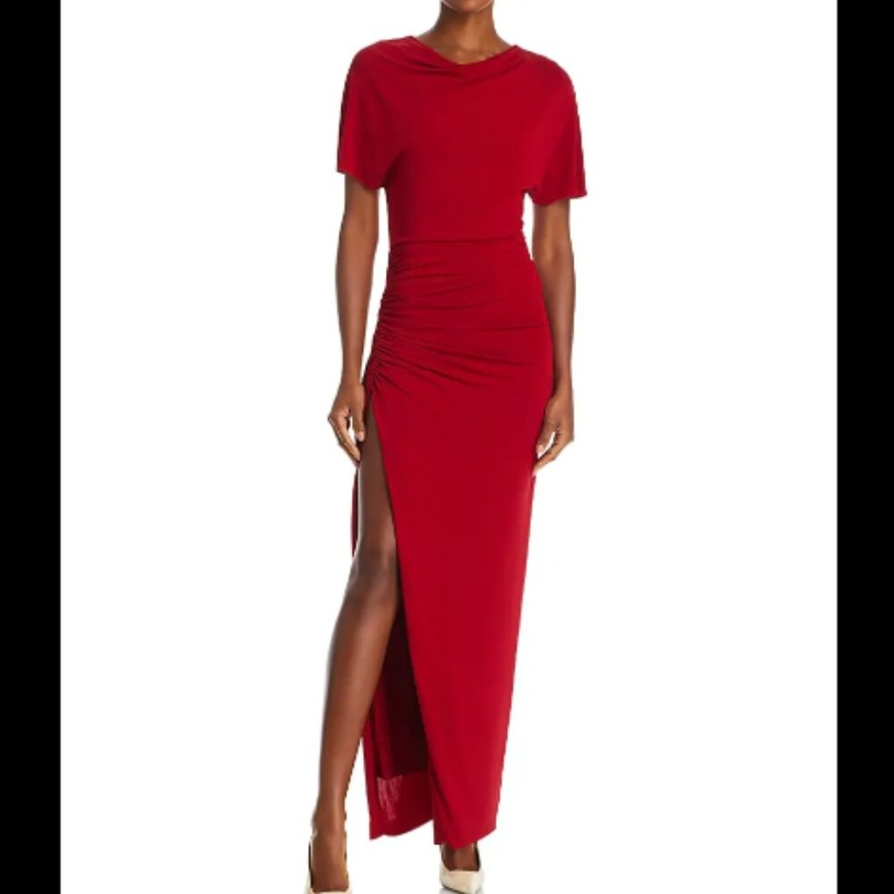 Red Ruched Side-Slit Maxi Dress